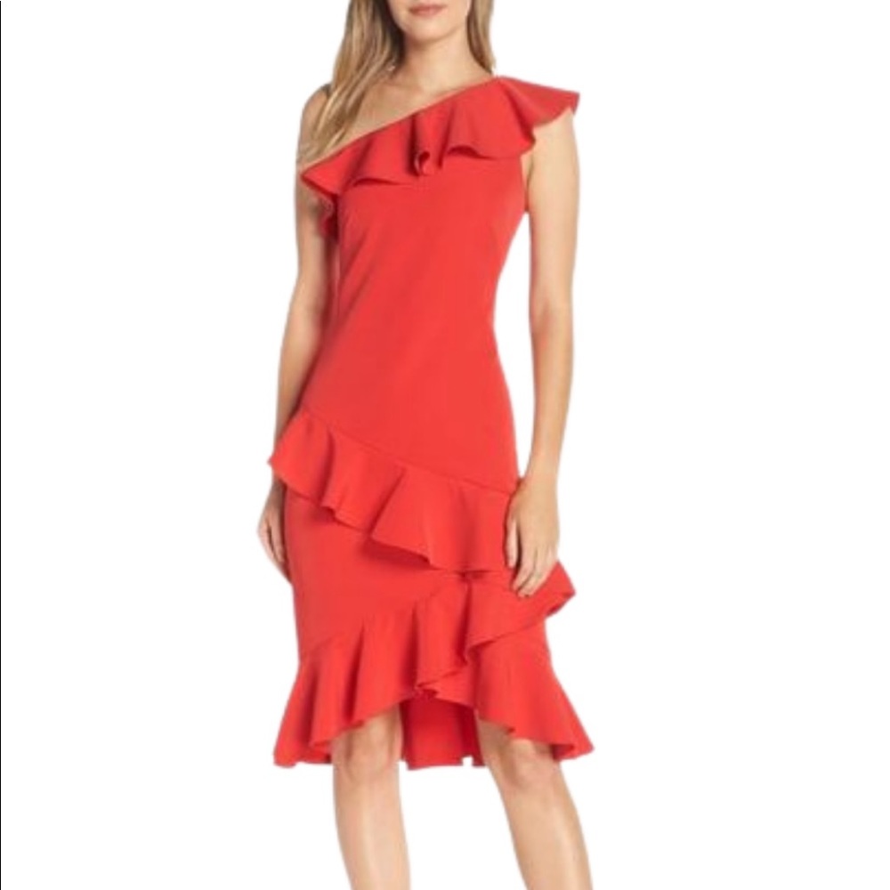 Vince Camuto Red One-Shoulder Ruffle Midi Dress